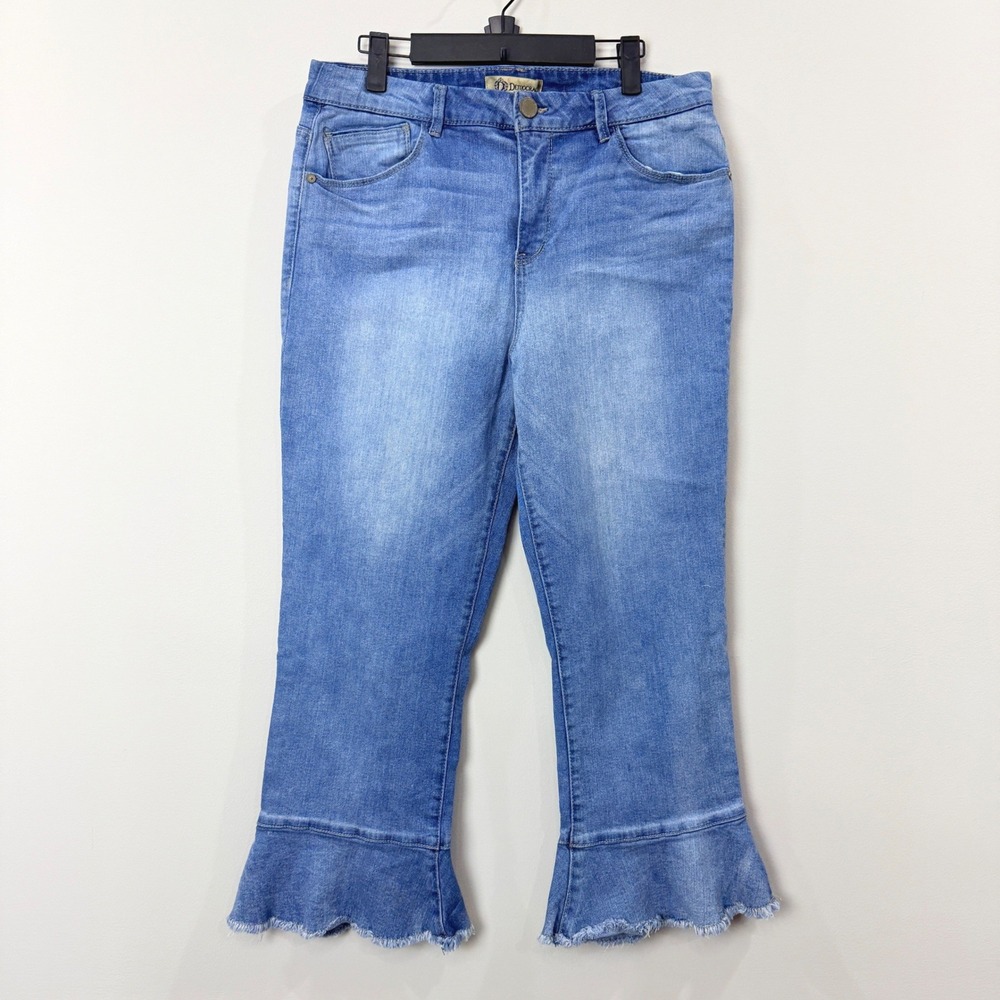Democracy Womens 12 Jeans High Rise Crop Flare Ruffle Raw Hem Blue Medium Wash